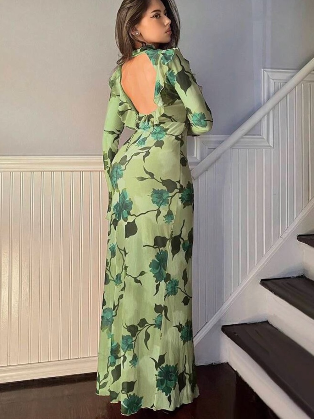 Green Floral Open-Back Maxi Dress - S - Picture 6 of 6